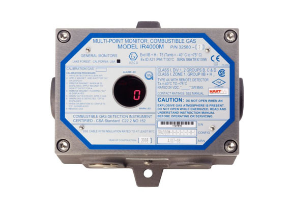 The IR4000M Multi-Point Gas Monitor can be used as an integrated combustible gas detection system, with capacity to connect eight point IR or open path gas detectors and read their status with one command. The highest current % LEL among all connected detectors is shown continuously during normal operation. An extensive set of menus are easily navigated using a magnetic switch to request the status and configuration data stored by the IR4000M.